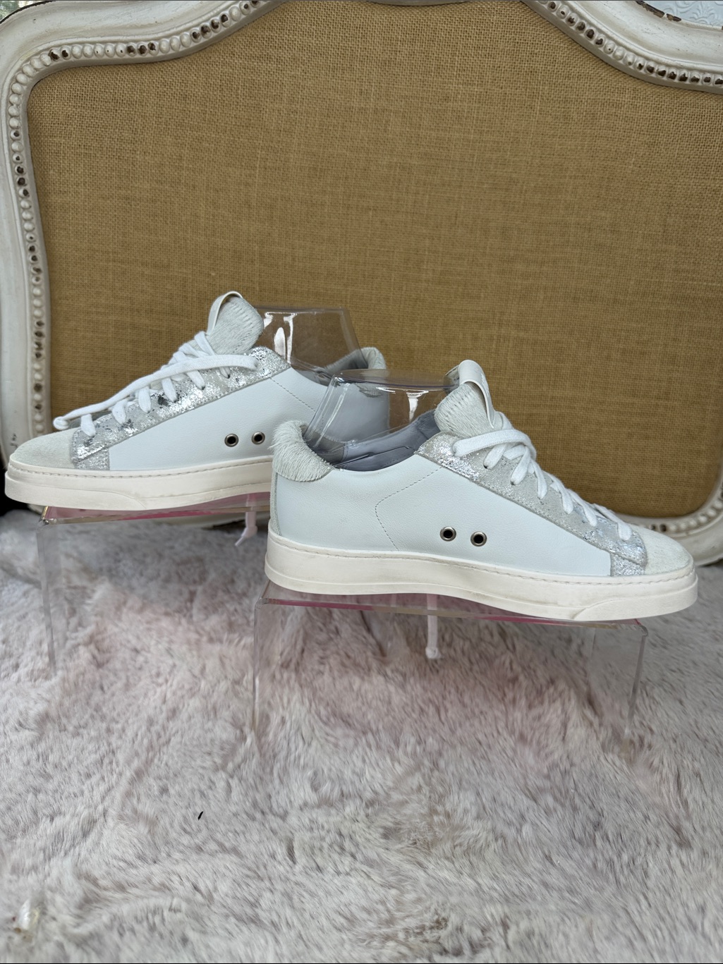 P448 | Light Gray & White Suede Sneakers With Silver Glitter & Pony Accents — image 5 of 8